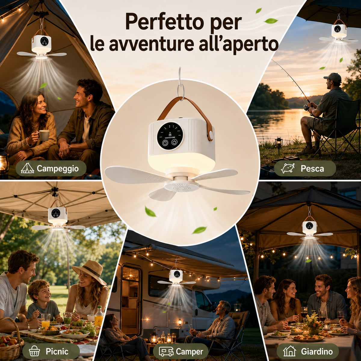 Ventilatore Portatile da Appendere da Campeggio con Luce LED e Telecomando – Ricaricabile USB Senza Installazione