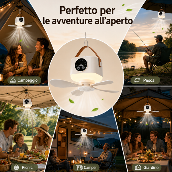 Ventilatore Portatile da Appendere da Campeggio con Luce LED e Telecomando – Ricaricabile USB Senza Installazione
