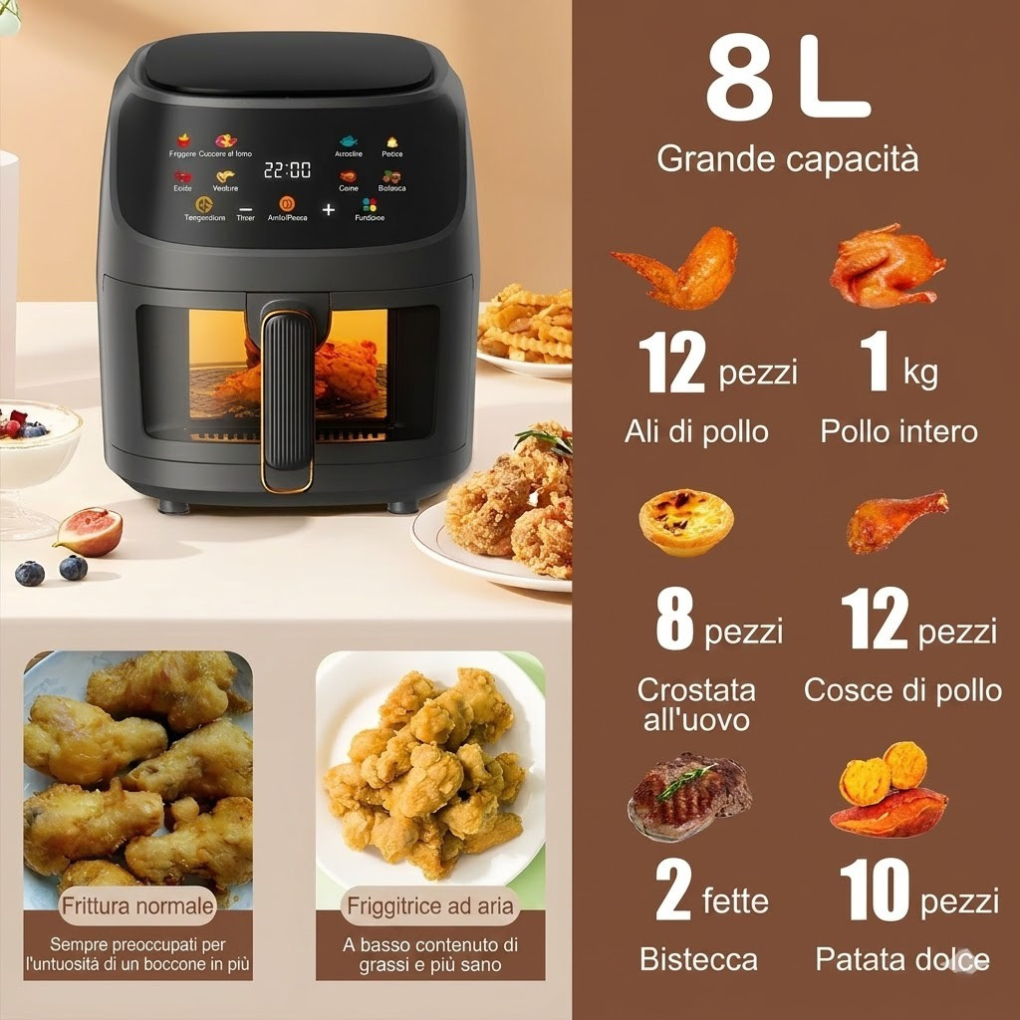Friggitrice ad Aria 8L 2400W – Display LCD Intelligente Touchscreen