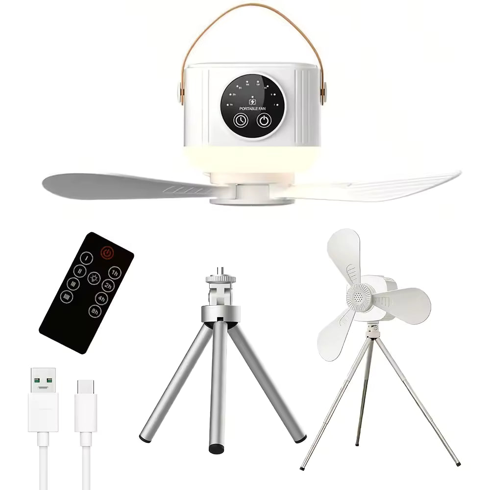 Ventilatore Portatile da Appendere da Campeggio con Luce LED e Telecomando – Ricaricabile USB Senza Installazione