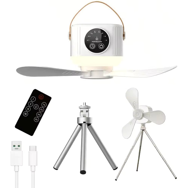 Ventilatore Portatile da Appendere da Campeggio con Luce LED e Telecomando – Ricaricabile USB Senza Installazione