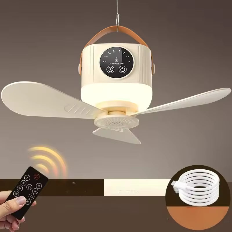 Ventilatore Portatile da Appendere da Campeggio con Luce LED e Telecomando – Ricaricabile USB Senza Installazione