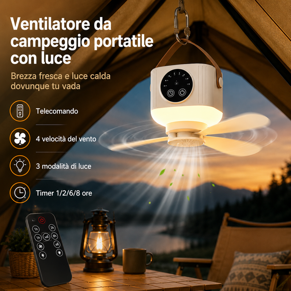 Ventilatore Portatile da Appendere da Campeggio con Luce LED e Telecomando – Ricaricabile USB Senza Installazione