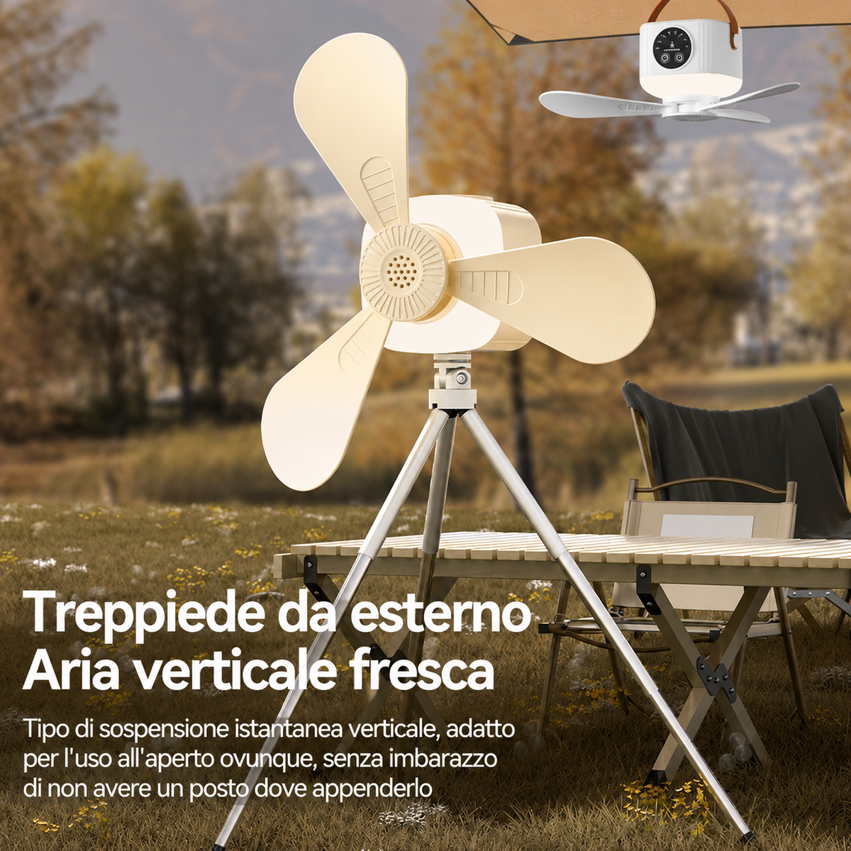 Ventilatore Portatile da Appendere da Campeggio con Luce LED e Telecomando – Ricaricabile USB Senza Installazione