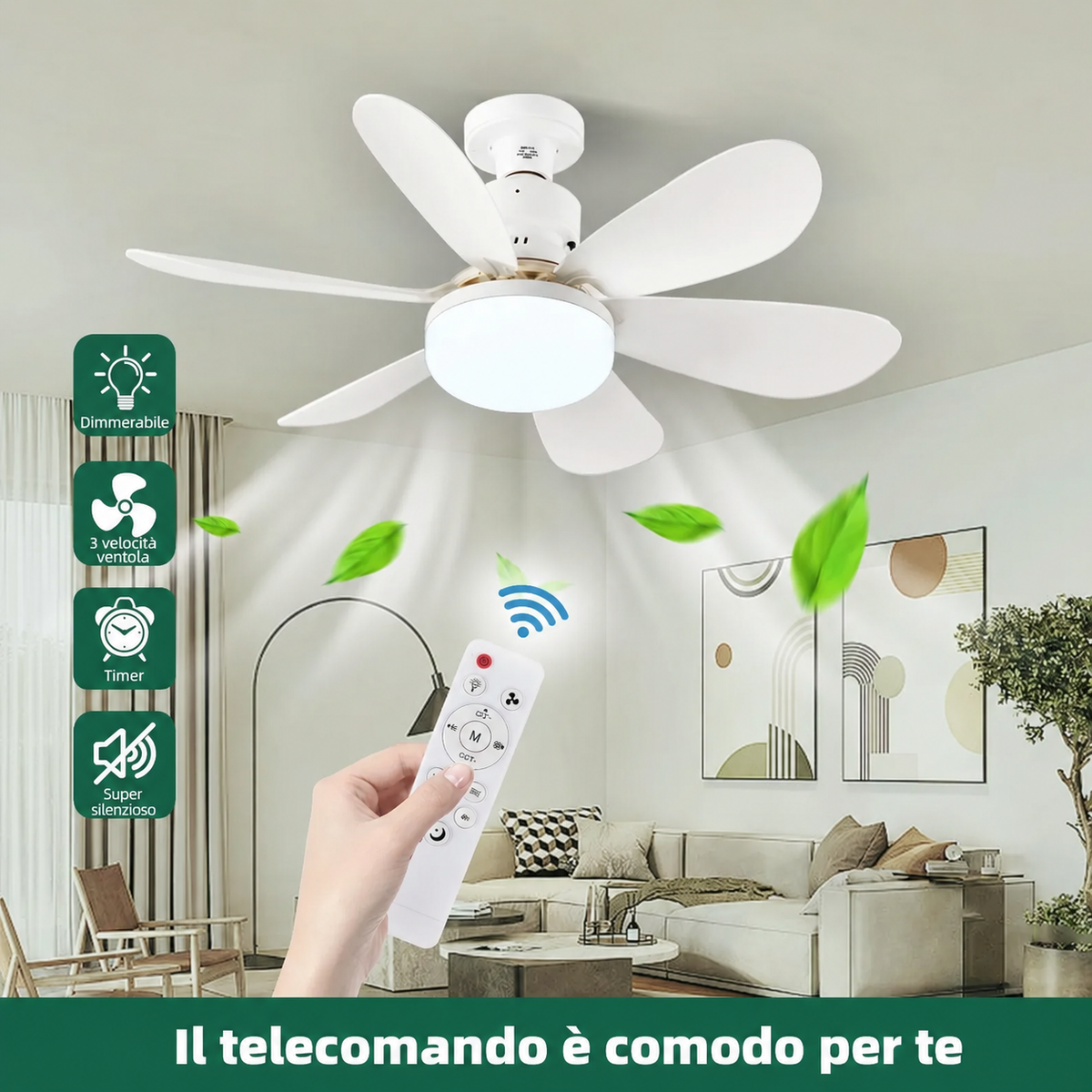 Ventilatore da Soffitto E27 con Luce LED e Telecomando – 5 Pale Silenzioso Moderno