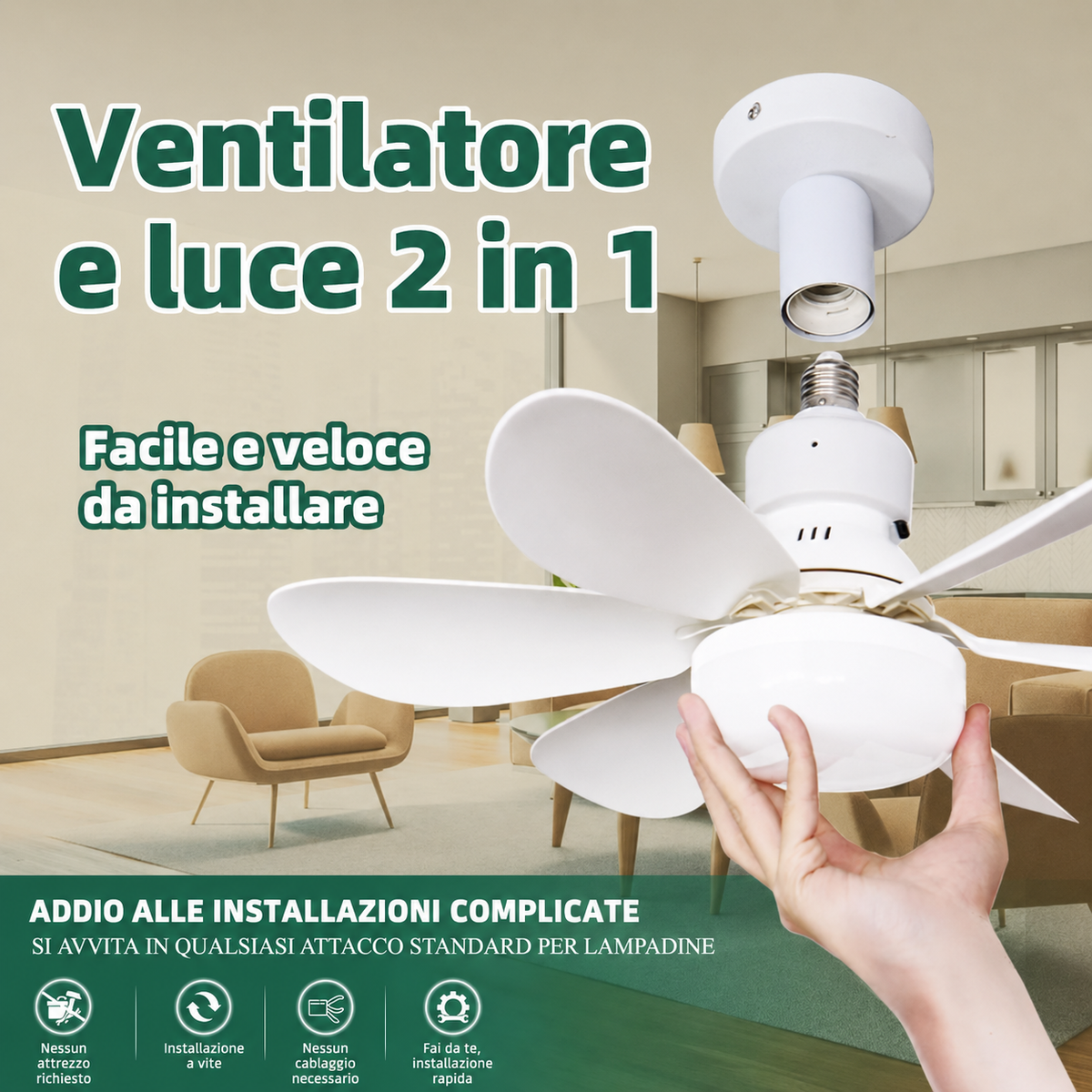 Ventilatore da Soffitto E27 con Luce LED e Telecomando – 5 Pale Silenzioso Moderno