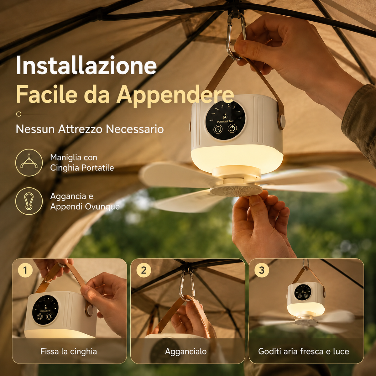 Ventilatore Portatile da Appendere da Campeggio con Luce LED e Telecomando – Ricaricabile USB Senza Installazione