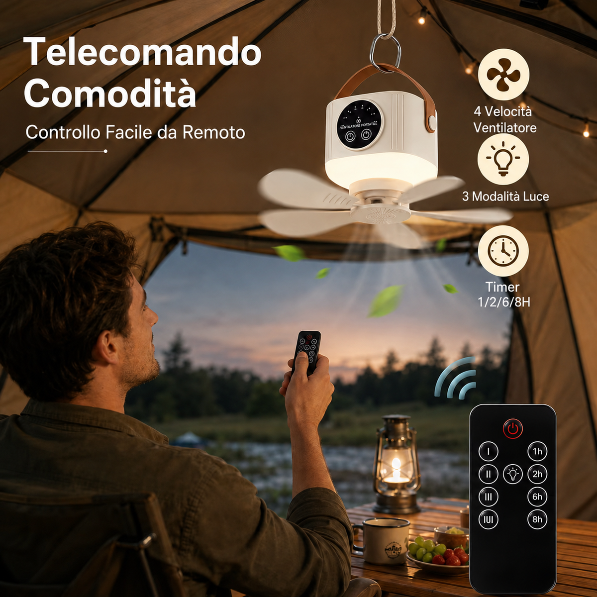 Ventilatore Portatile da Appendere da Campeggio con Luce LED e Telecomando – Ricaricabile USB Senza Installazione