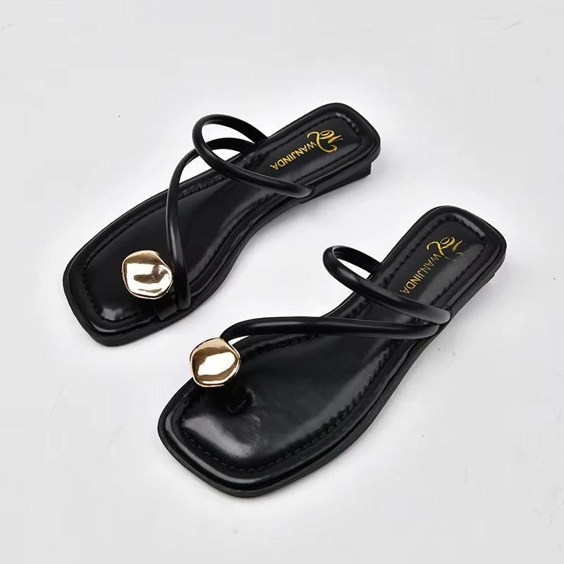 Sandali Donna Infradito Piatti con Anello Decorativo Dorato
