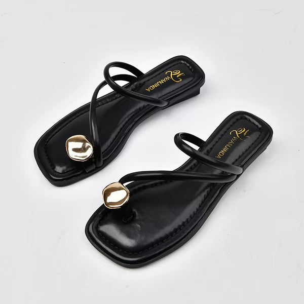 Sandali Donna Infradito Piatti con Anello Decorativo Dorato