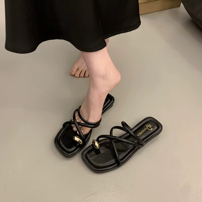 Sandali Donna Bassi Infradito con Anello Decorativo – Eleganti Tinta Unita