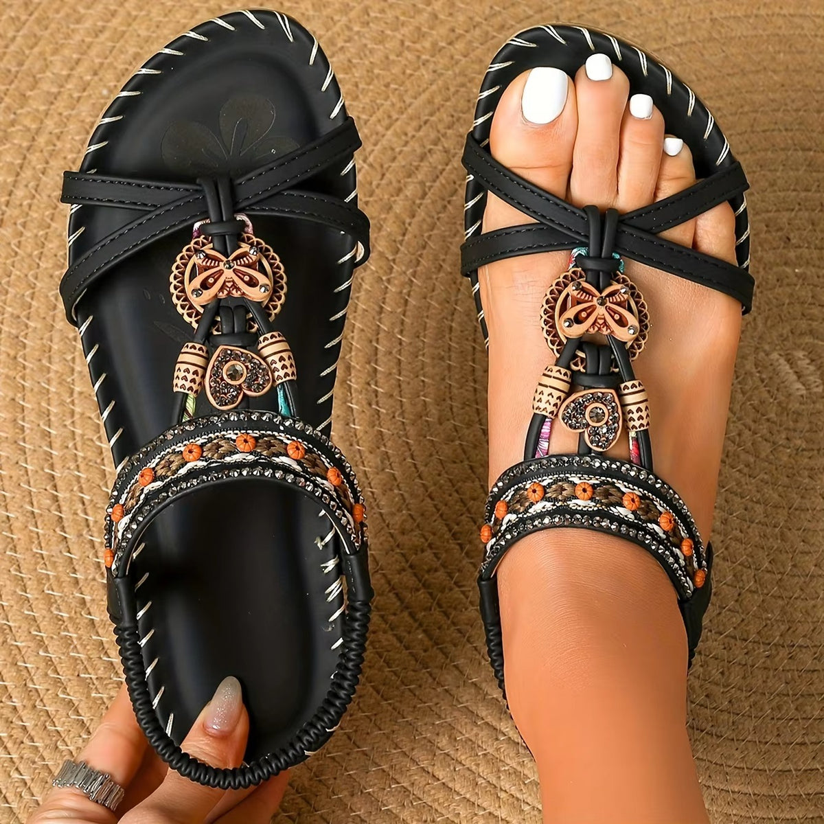 Sandali Donna Boho con Farfalla – Scarpe Etniche Estive Strass Perline